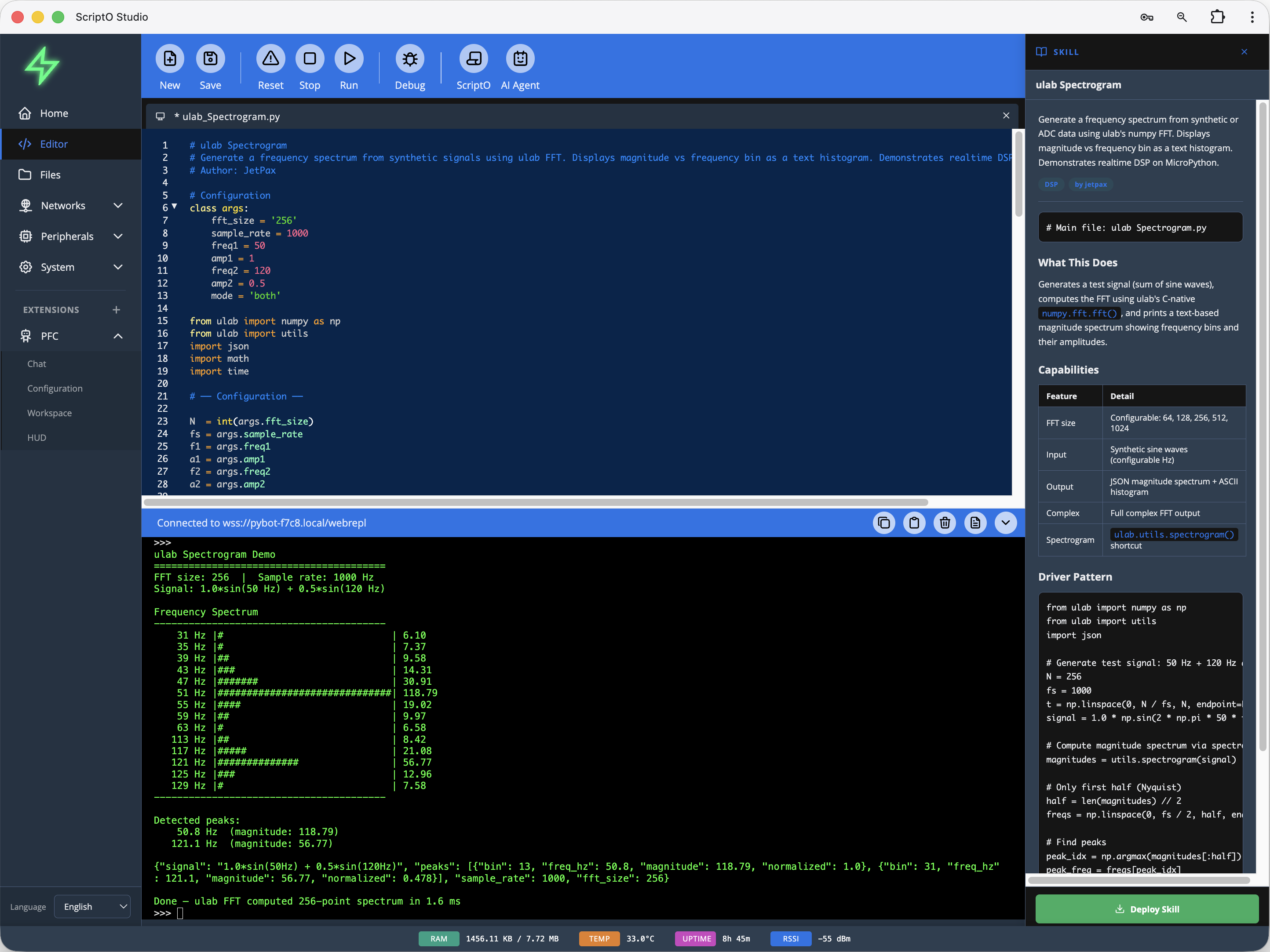 ScriptO Studio — MicroPython app platform with code editor, REPL console, and skill panel
